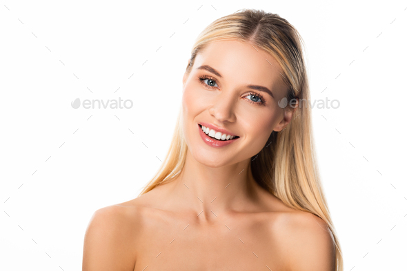 Nude Smiling Blonde Woman With White Teeth Isolated On White Stock