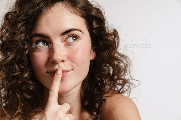 Pleased Sensual Shirtless Girl Showing Silence Gesture Stock Photo By