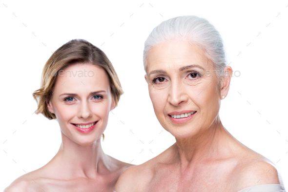 Naked Adult Daughter And Mother Isolated On White Purity Concept