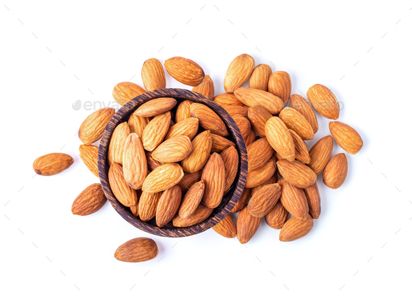 Almond Nuts In Wood Bowl Isolated On White Background Top View Stock