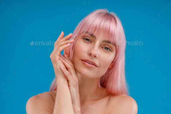 Sensual Naked Woman With Pink Hair And Perfect Glowing Skin Looking At