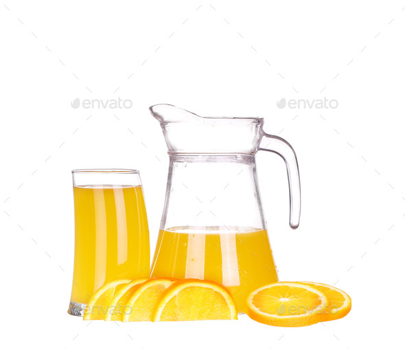 Orange Juice In Pitcher And Oranges Isolated On White Background Stock