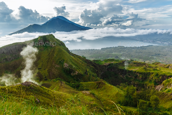 Active Indonesian Volcano Batur In The Tropical Island Bali Stock