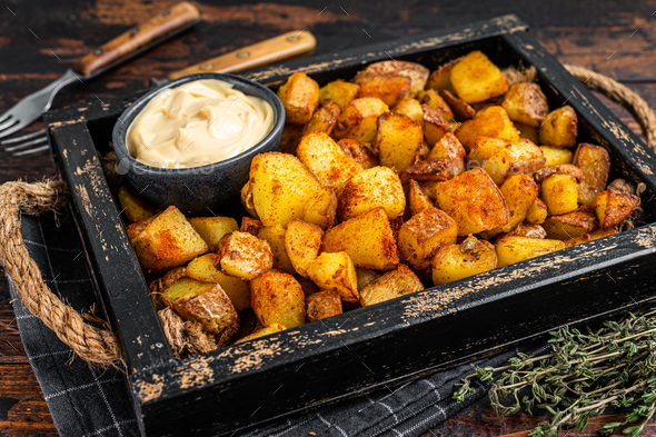 Patatas Bravas Traditional Spanish Potatoes Snack Tapas Dark Wooden