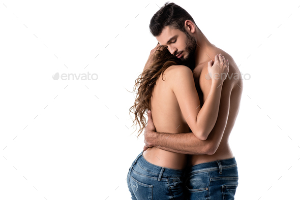 Beautiful Sensual Half Naked Couple Hugging In Jeans Isolated On White