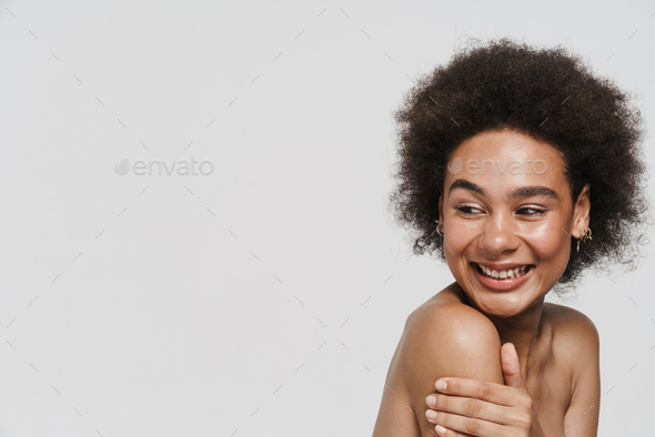 Black Curly Shirtless Woman Laughing And Looking Aside Stock Photo By