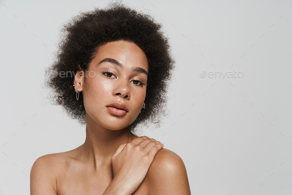 Black Curly Shirtless Woman Posing And Looking At Camera Stock Photo By