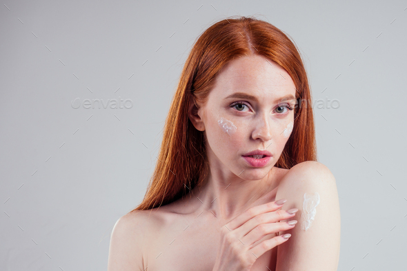 Fashion Portrait Of Redhead Model Nude With Perfect Skin Studio On White Background Stock Photo