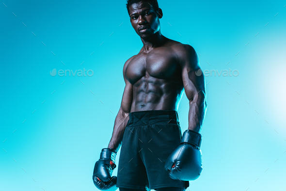 Shirtless Muscular African American Boxer Posing At Camera On Blue