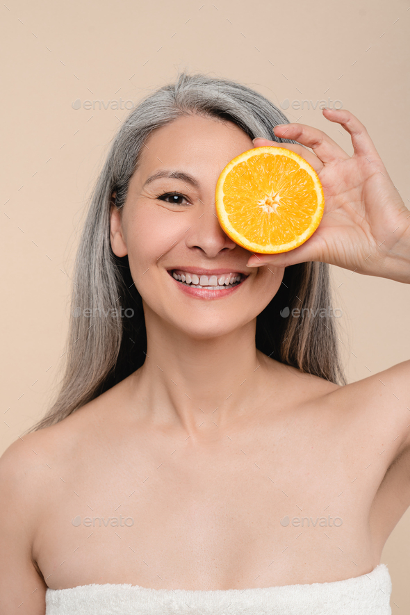 Vertical Smiling Mature Middle Aged Woman With Bare Shoulders Naked