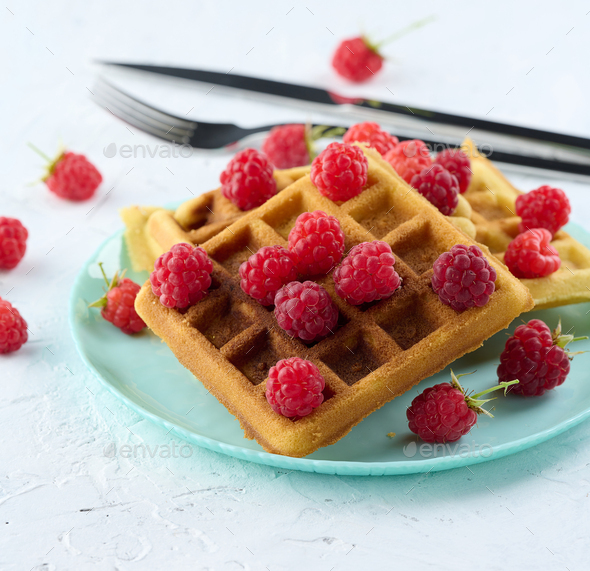 Stack Of Baked Belgian Waffles With Ripe Red Raspberry Stock Photo By