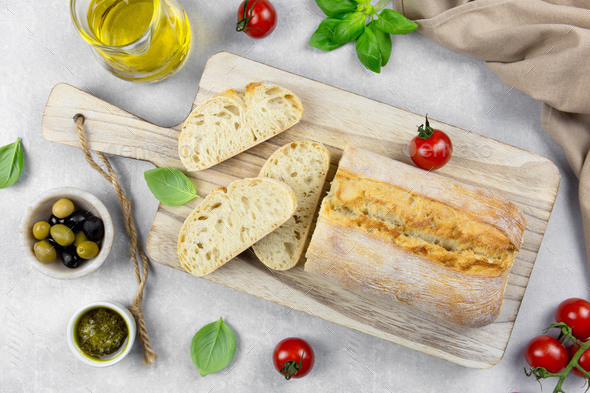 Fresh Italian Ciabatta Bread With Herbs Olive Oil Black And Green