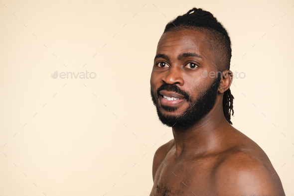 Handsome Naked Shirtless African American Man With Dreadlocks And Beard