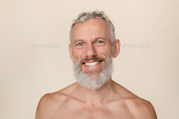 Smiling With Toothy Smile Caucasian Mature Middle Aged Shirtless Man