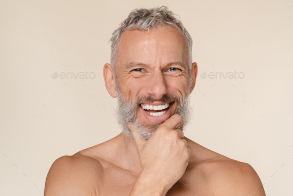 Smiling Caucasian Mature Middle Aged Man With Bare Shoulders Naked