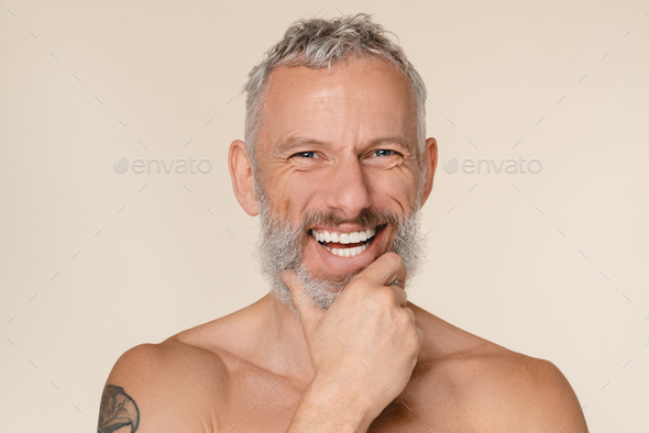 Smiling Caucasian Mature Middle Aged Man With Bare Shoulders Naked