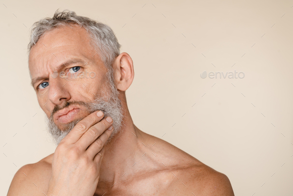 Caucasian Middle Aged Mature Man With Bare Shoulders Naked Shirtless