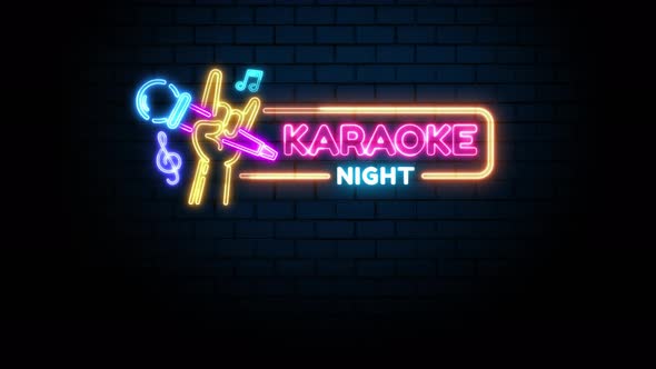 Karaoke Night Neon Sign On Brick Wall Motion Graphics VideoHive