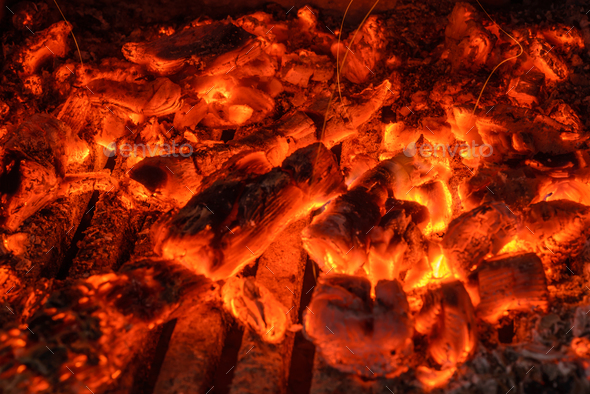 Red Hot Burning Coals In Fireplace Texture Or Background Stock Photo