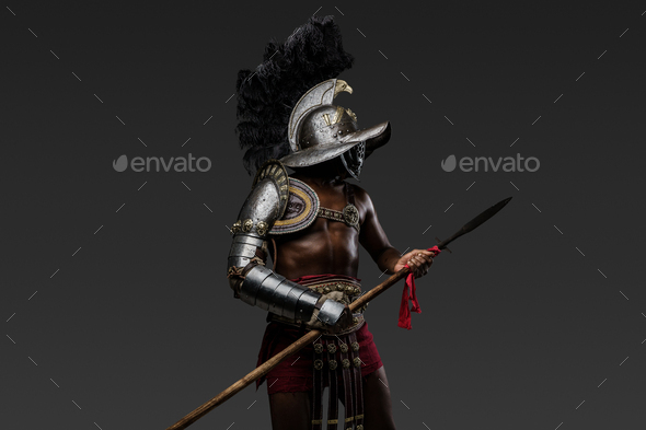 Ancient Roman Gladiator With Spear And Plumed Helmet Stock Photo By