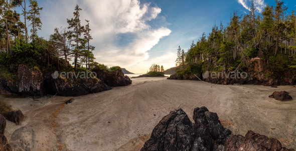 Sandy Beach On Pacific Ocean Coast Panoramic View Sunset Sky San