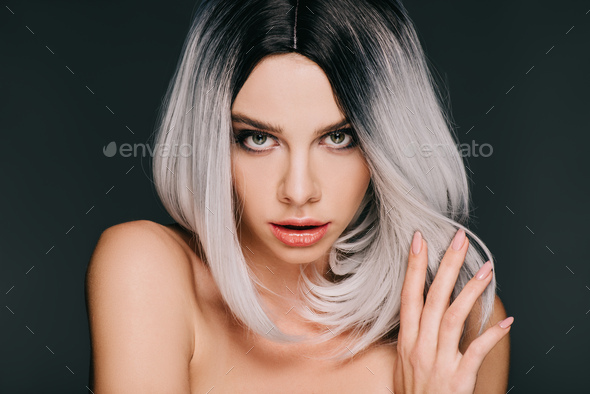 Beautiful Naked Girl Posing In Grey Wig Isolated On Black Stock Photo