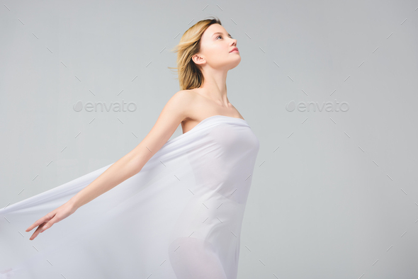 Tender Naked Girl Posing In White Veil Isolated On Grey Stock Photo By