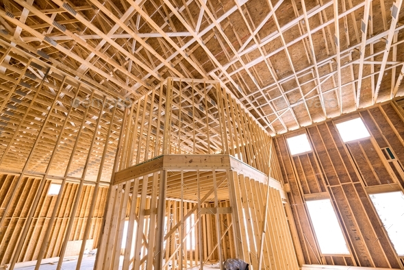 Framing Beams View Of Wood Framework A New Wooden House Under