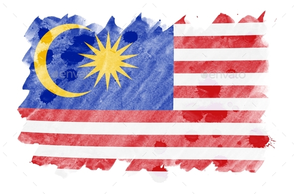 Malaysia Flag Is Depicted In Liquid Watercolor Style Isolated On White