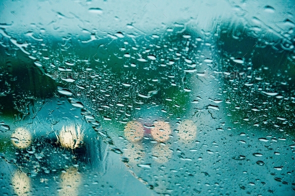 Rainy Day Through The Windscreen Of A Car Road Safety Heavy Rainfall