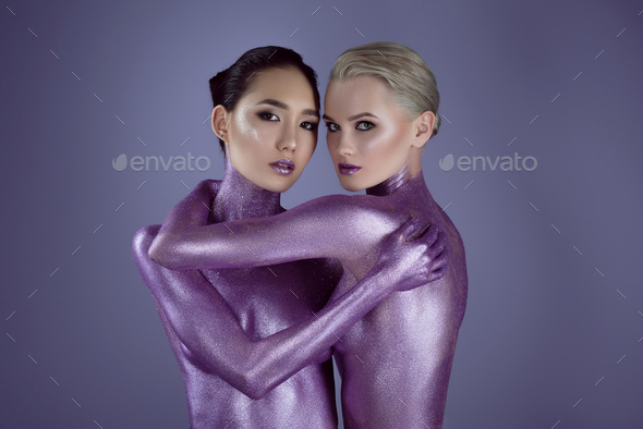 Multiethnic Nude Girls In Ultra Violet Glitter Embracing For Fashion