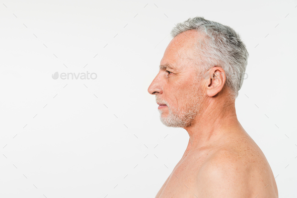 Sideview Portrait Of Caucasian Naked Shirtless Mature Elderly Senior