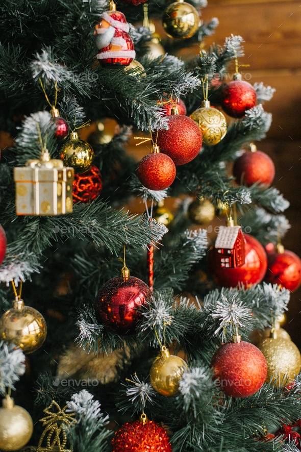 Christmas Tree Decorated With Red And Gold Balls Stock Photo By