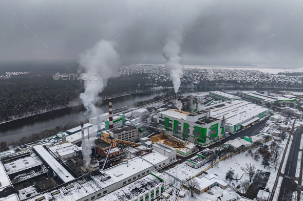 Winter Panoramic Aerial View Of The Smoke Of Pipes Of A Chemical Plant