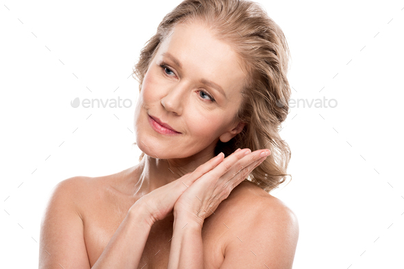 Beautiful Naked Middle Aged Woman With Clean Face Isolated On White