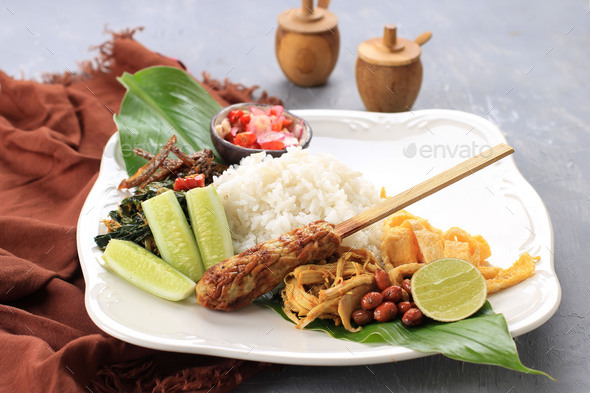 Nasi Campur Bali Balinese Dish Of Steamed Cone Shaped Rice With