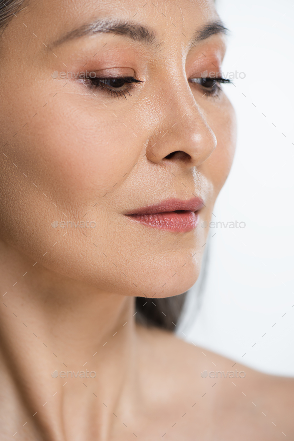 Close Up Of Adult Asian Naked Woman With Perfect Skin And Grey Hair