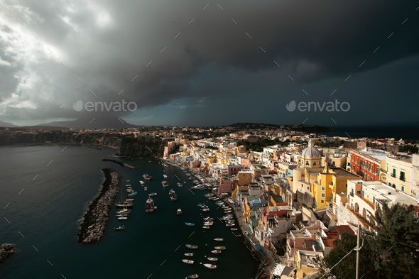 Fishing Village In Magic Sunset Marina Corricella On Procida Italy