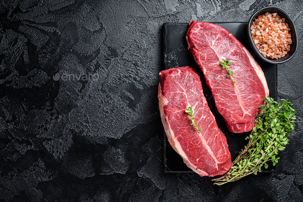 Raw Wagyu Oyster Top Blade Steaks Organic Beef Meat Black Background