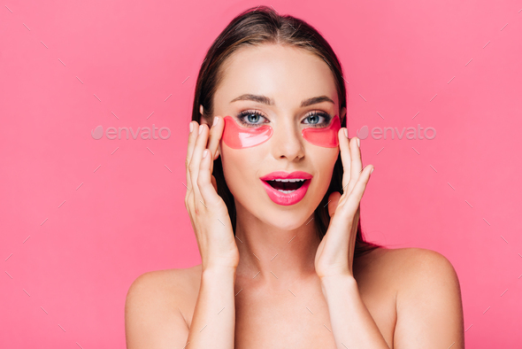 Excited Naked Beautiful Woman Touching Eye Patch On Face Isolated On Pink Stock Photo By