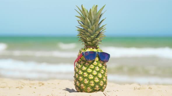 Cheerful Pineapple In The Sunglasses On Vacation On The Sea Stock Footage