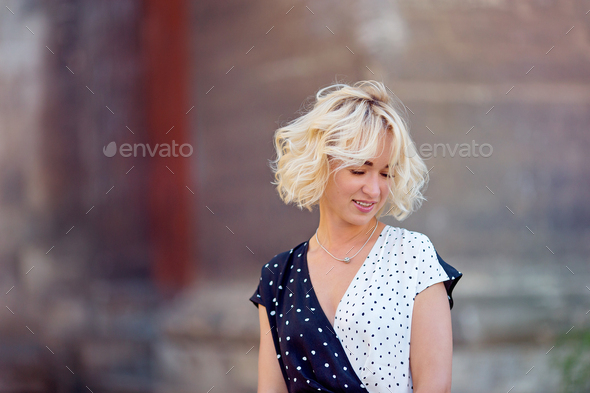 Close Up Image Of Happy Blonde Woman In Sunglasses Posing Outdoors