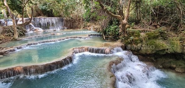 Panoramic Shot Of The Scenic Kuang Si Waterfall Kuang Xi Falls In