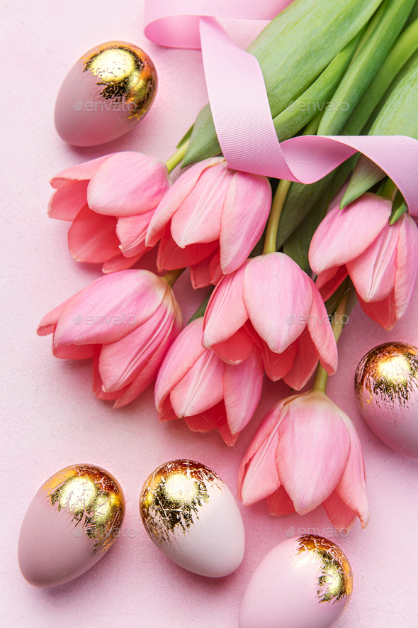 Pink Tulips And Easter Eggs Background Stock Photo By Olena Rudo