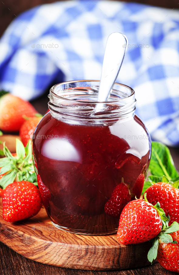 Strawberry Jam In Glass Jar And Fresh Berries Rustic Wooden Table