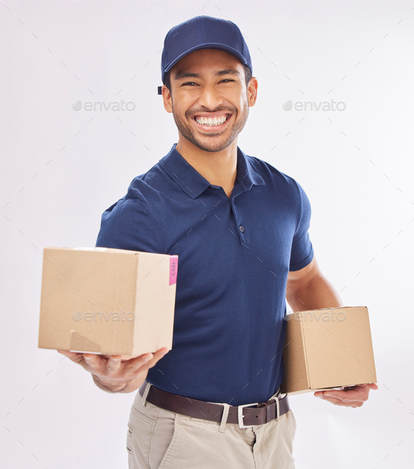 Delivery Man Smile Shipping Box And Portrait Of A Employee In Studio