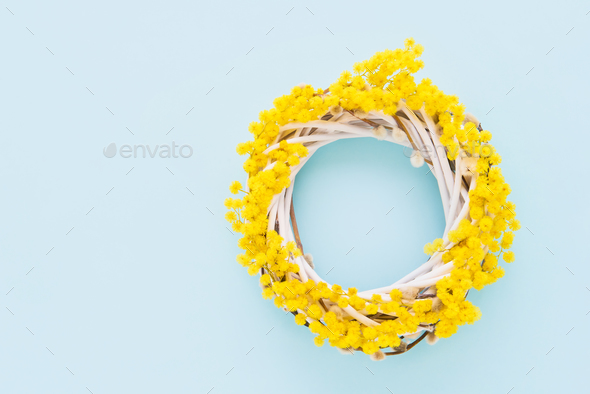 Mimosa Wreath With Pussy Willow On A Light Blue Background Spring Or