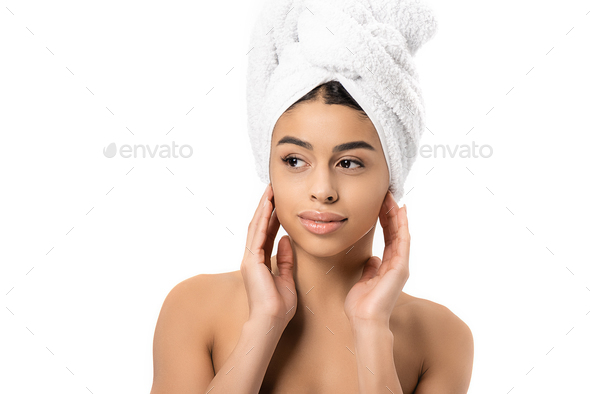 Beautiful Naked African American Woman With Towel On Head Looking Away