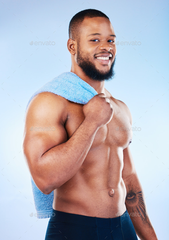 Black Man Portrait And Body Towel With A Smile In Studio For Health