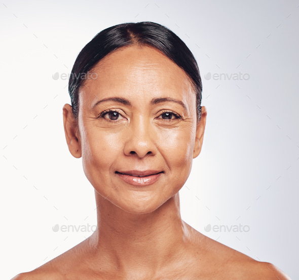 Happy Skincare And Portrait Of A Mature Woman Isolated On A White